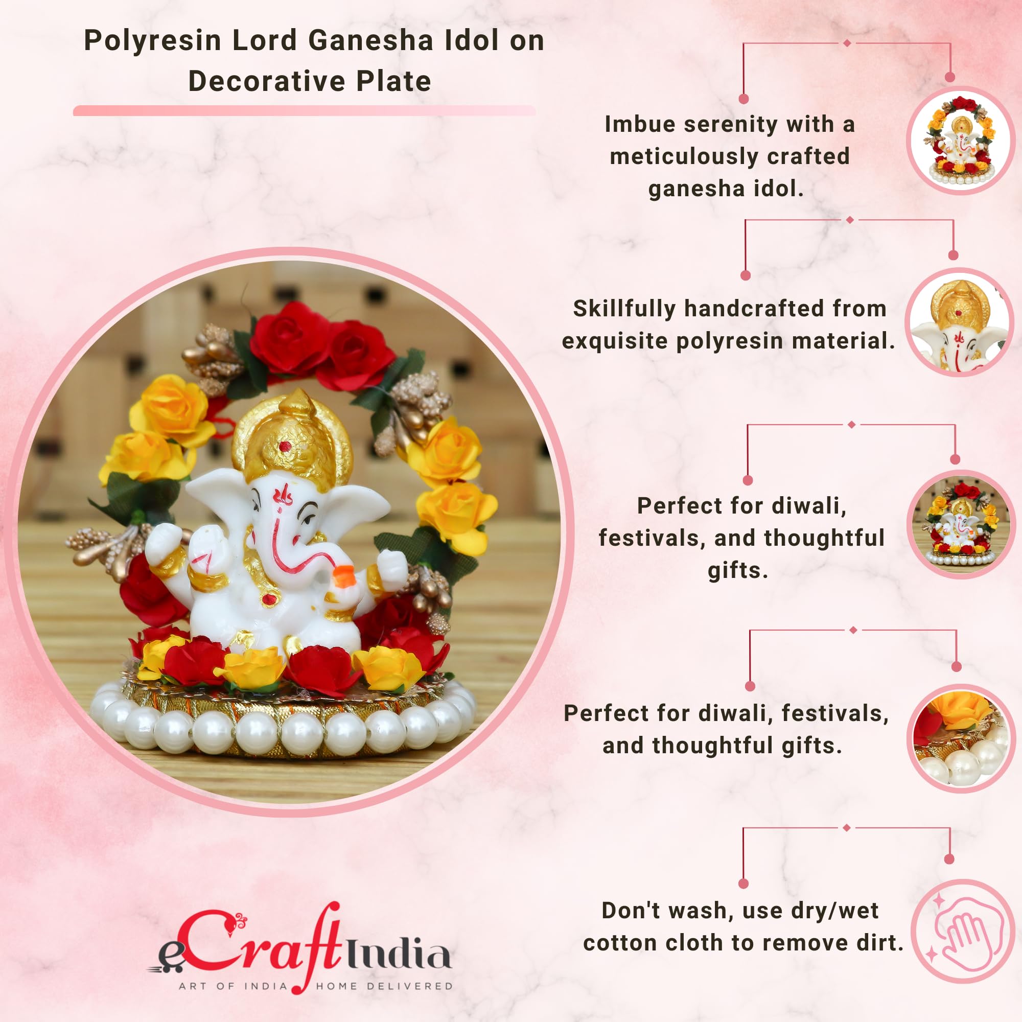 eCraftIndia Lord Ganesha Idol on Decorative Handcrafted Plate for Home and Car
